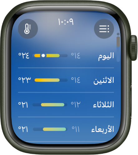 شاشة توقعات الطقس خلال 10 أيام، تعرض درجات الحرارة المتوقعة المرتفعة والمنخفضة لمدة أربعة أيام.