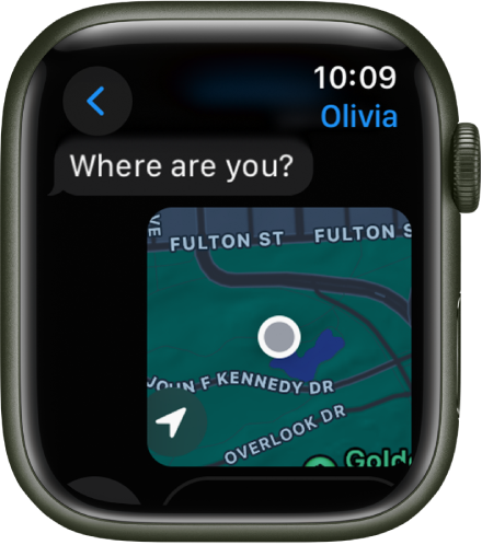 Приложението Съобщения показва карта на споделено местоположение.
