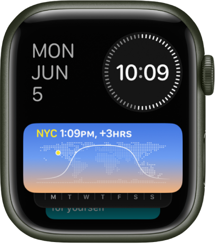Smart Stack (Умен комплект) на Apple Watch показва три инструмента: Ден и дата горе вляво, цифрово време горе вдясно и Час по света по средата.