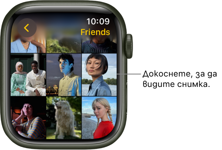 Основният екран на приложението Photos (Снимки) на Apple Watch с няколко снимки, показани в мрежа.