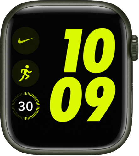 Циферблатът Nike Digital (Nike дигитален). Часът е показан с големи цифри вдясно. От лявата страна, добавката за приложението Nike е горе вляво, добавката Workout (Тренировки) е в средата и добавката Timer (Таймер) е отдолу.