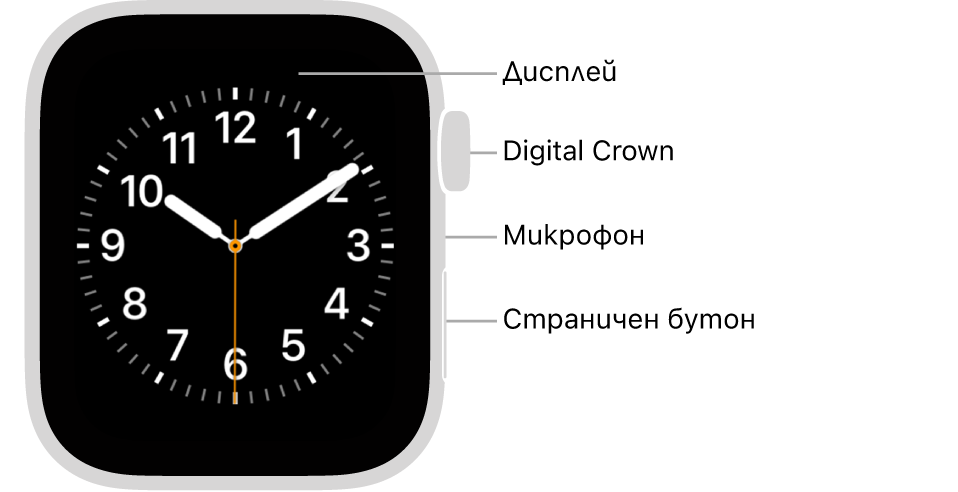 Предната страна на Apple Watch (2-ро поколение) с екран, показващ циферблат, и, от горе надолу, встрани от часовника коронката Digital Crown, микрофон и страничен бутон.