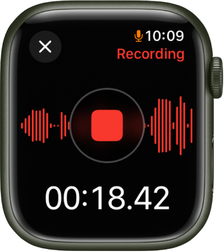 Приложението Voice Memos (Гласови бележки) по време на записване на бележка. По средата се появява червен бутон Stop (Прекрати). Отдолу е изтеклото време на записването. Думата Recording (Записване) се появява горе вдясно.