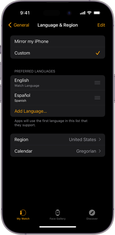 Екранът за език и регион в приложението Apple Watch с показани английски и испански под Preferred Languages (Предпочитани езици).