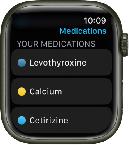 Приложението Medications (Медикаменти), в което е показан списък с медикаменти.
