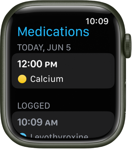 Приложението Medications (Медикаменти), което показва насрочени и записани медикаменти.