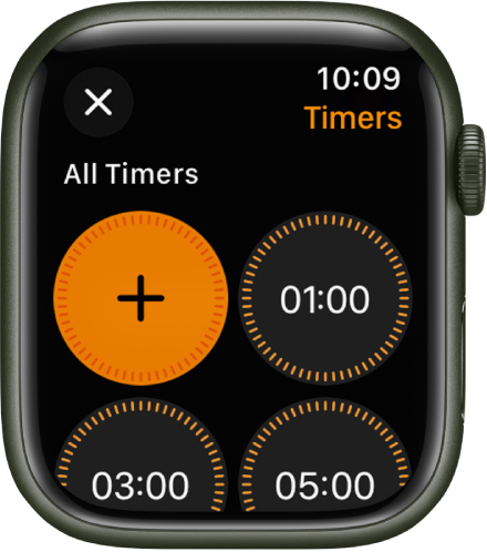 Екранът на приложението Таймер, показващ бутона за добавяне за създаване на нов таймер и бързите таймери от по 1, 3 или 5 минути.