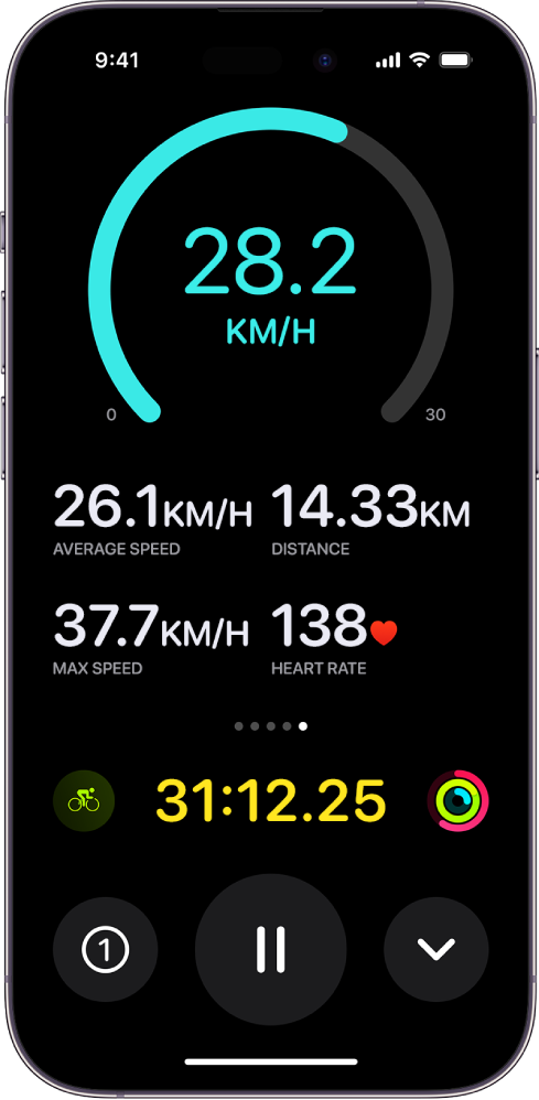 Протичаща тренировка по колоездене се показва като Активност на живо на iPhone и показва скоростта, средната скорост, изминатото разстояние, максималната скорост, сърдечния ритъм и общото изминато време на тренировката.