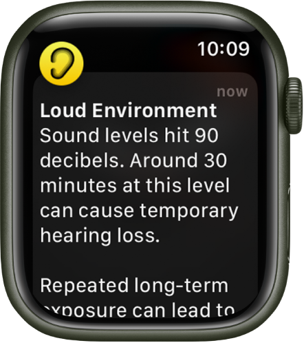 Apple Watch с показано известие за шум. Иконката за приложението, свързано с известието, се показва в горния ляв ъгъл. Можете да я докоснете, за да отворите приложението.