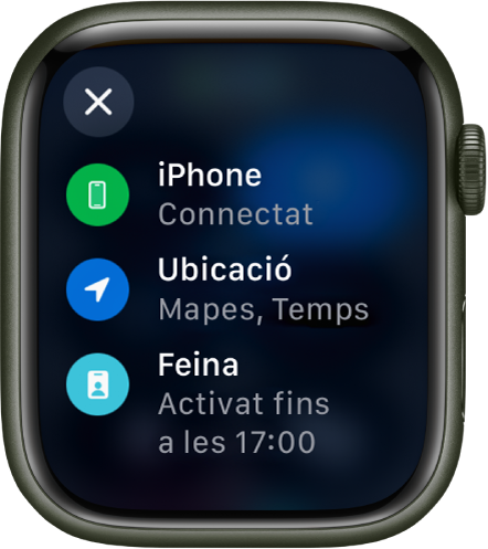 L'estat del Centre de control mostra l’iPhone connectat, la ubicació utilitzada per les apps Mapes i Temps i el mode de feina activat fins a les 17.00.