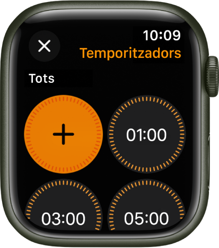 Pantalla de l’app Temporitzador amb el botó Afegir per crear un temporitzador, així com temporitzadors ràpids d’1, 3 o 5 minuts.