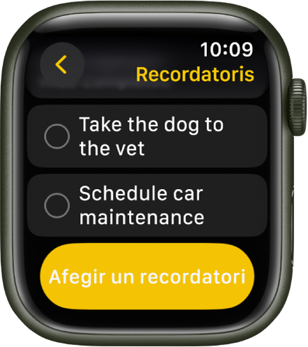 L’app Recordatoris mostra dos recordatoris. Els recordators són a la part superior de la pantalla i, a sota, hi ha el botó “Afegir recordatori”.