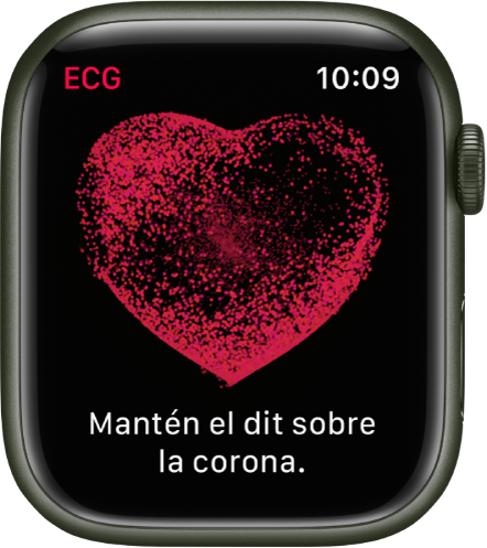 A l’app ECG es mostra la imatge d’un cor amb les paraules “Mantén el dit sobre la corona”.
