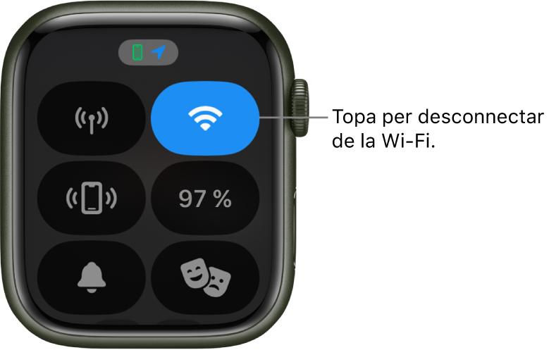 Centre de control de l’Apple Watch (GPS + dades mòbils) amb el botó de Wi-Fi a la part superior dreta. La crida diu: “Toca per desconnectar la Wi-Fi”.