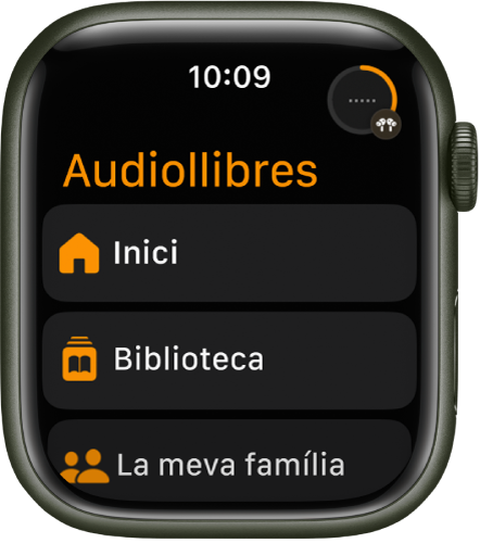 L’app Audiollibres amb els botons Inici, Biblioteca i “La meva família”.