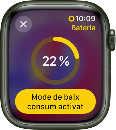 Pantalla del mode de baix consum amb un anell groc parcial que indica la càrrega restant. Al mig de l’anell es mostra 22 per cent. El botó d’activació del mode de baix consum és a la part inferior. A la part superior esquerra hi ha el botó Tancar.