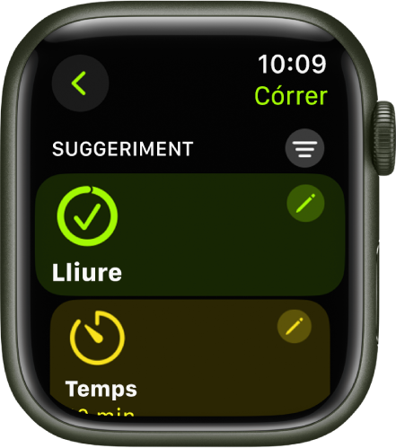 L’app Entrenament amb una pantalla per editar un entrenament de córrer. Al centre hi ha el requadre Obrir amb un botó Editar a l’angle superior dret. I a sota, una part del requadre Temps.