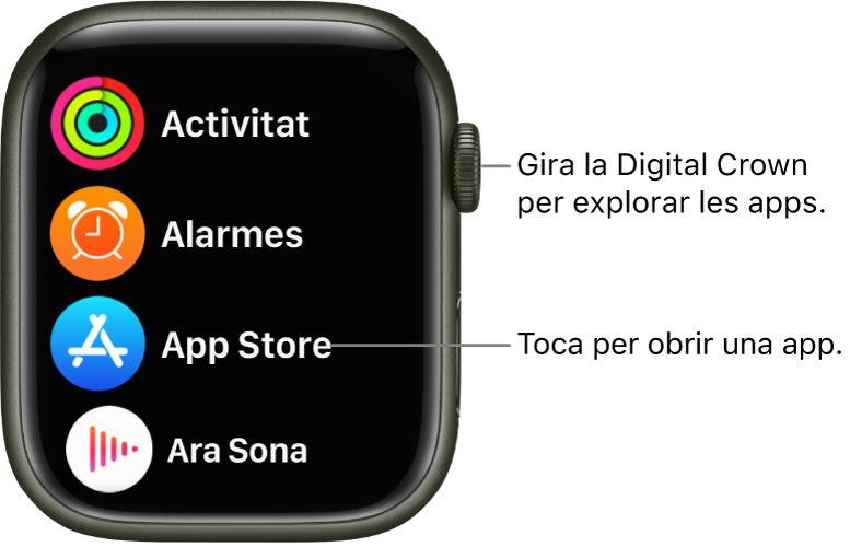 La pantalla d’inici de l’Apple Watch en vista en llista amb les apps en una llista. Toca una app per obrir-la. Desplaça’t per veure més apps.