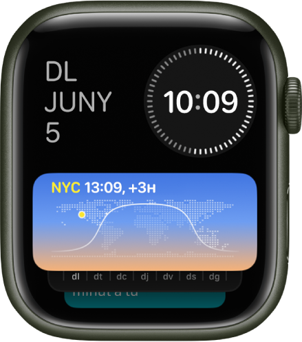 Smart Stack de l’Apple Watch amb tres ginys: El dia i la data, a la part superior esquerra; l’hora digital, a la part superior dreta; i “Rellotge Mundial”, al mig.