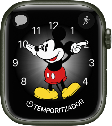 L’esfera Mickey Mouse, en la qual pots afegir moltes complicacions. Mostra tres complicacions: Missatges a la part superior esquerra, Entrenament a a la part superior dreta i Temporitzador a baix.