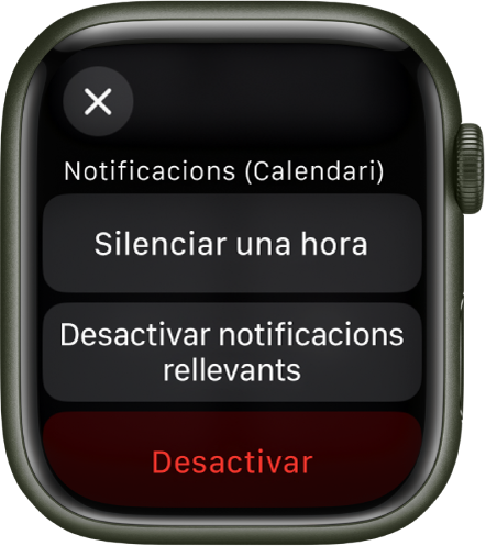 Configuració de les notificacions a l’Apple Watch. El botó superior diu “Silenciar una hora”. A sota hi ha els botons “Desactivar les notificacions rellevants” i Desactivar.
