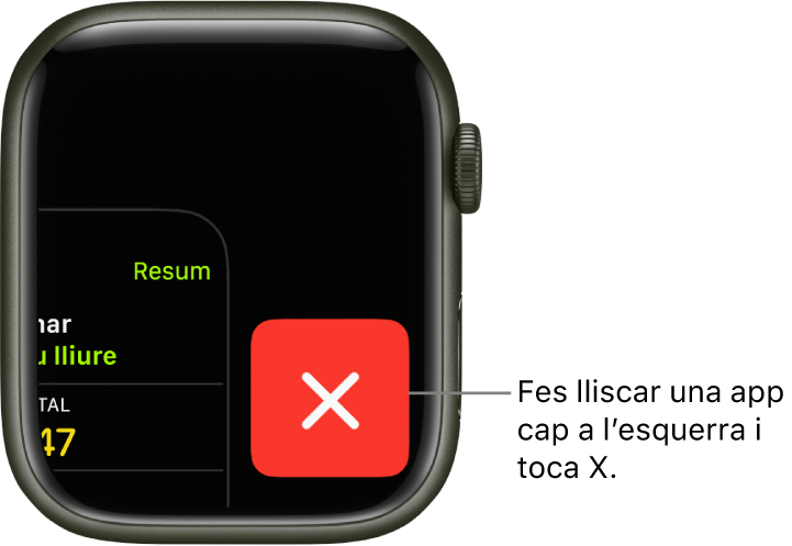 El selector d’apps mostra una X gran a la dreta i una part de l’app a l’esquerra. Toca la “X” per eliminar l’app del selector d’apps.
