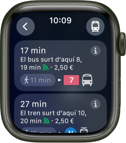 L’app Mapes mostra els detalls d’un recorregut en transport públic. El botó “Mitjà de transport” és a la part superior dreta i el botó Enrere, a la part superior esquerra. A sota es mostren els dos primers trams del recorregut: l’un en autobús i l’altre en tren, amb detalls sobre cadascun.