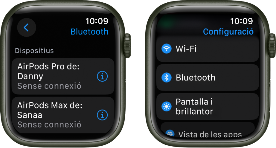 Dues pantalles de costat a costat. A l’esquerra, hi ha una pantalla que enumera dos dispositius Bluetooth disponibles: AirPods Pro i AirPods Max, cap dels quals està connectat. A la dreta, hi ha la pantalla Configuració, que mostra els botons Wi-Fi, Bluetooth, “Pantalla i brillantor” i “Vista de les apps” en una llista.