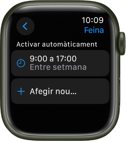 La pantalla del mode Feina que mostra una programació de les 9:00 a les 17:00 els dies laborables. A sota hi ha el botó “Afegir nou”.