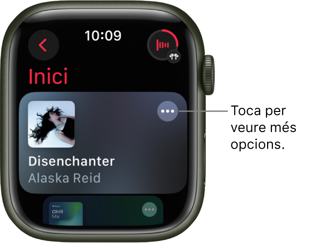 L’app Música mostra la pantalla d’inici i un àlbum. A la dreta hi ha el botó “Més opcions”. A la part superior dreta hi ha el botó “Ara Sona”. A la part superior esquerra hi ha el botó Enrere.
