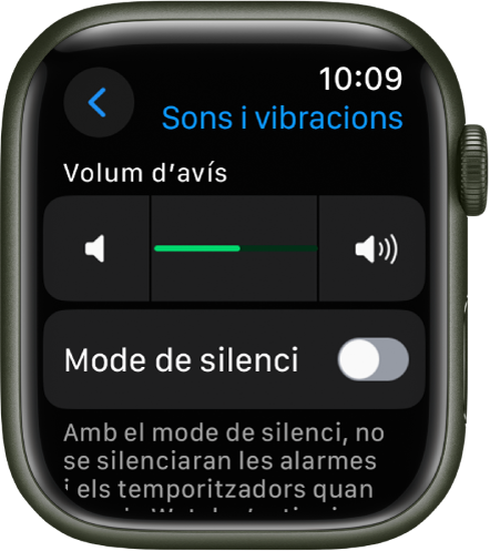 La configuració “Sons i vibracions” a l’Apple Watch, amb el regulador del volum d’avís a la part superior i l’interruptor del mode de silenci a sota.
