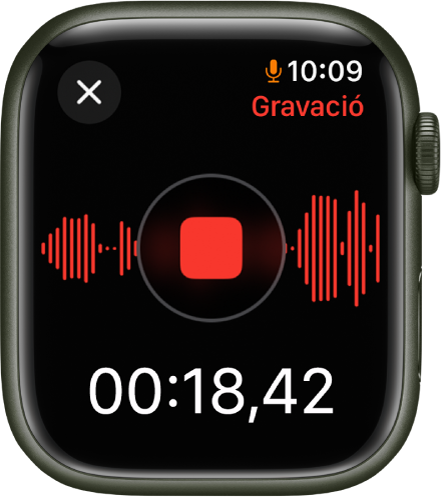 L’App Notes de Veu durant la gravació d’una nota de veu. Al mig hi ha el botó vermell Aturar. A continuació es mostra el temps transcorregut de la gravació. La paraula “Gravació” apareix a la part superior dreta.