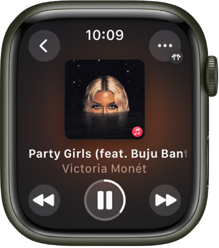 Pantalla de l’app Ara Sona i, a sota, la imatge de l’àlbum, el títol de la cançó i el nom de l’artista. Al centre hi ha els controls de reproducció. A la part superior dreta hi ha el botó “Més opcions”. A la part superior esquerra hi ha el botó Enrere.