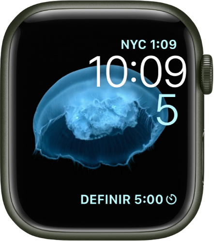L’esfera Moviment que mostra una medusa. Pots triar quin objecte es mou i afegir-hi moltes complicacions. La complicació Rellotge Mundial és a la part superior dreta, a sota hi ha l’hora i la data i la complicació Temporitzador és a la part inferior.