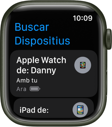 L’app Buscar Dispositius mostra dos dispositius: un Apple Watch i un iPad.