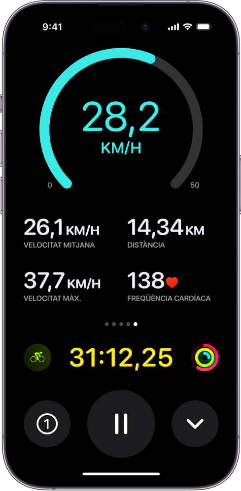 Un entrenament de ciclisme en curs es mostra com a activitat en directe a l’iPhone i mostra la velocitat, la velocitat mitjana, la distància recorreguda, la velocitat màxima, la freqüència cardíaca i el temps total transcorregut.