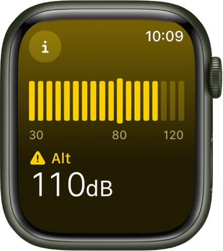 L’app Soroll mostra un nivell de so de 110 decibels amb la paraula "Fort" a dalt. Apareix un sonòmetre al mig de la pantalla.