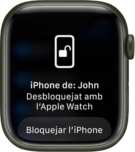 La pantalla de l’Apple Watch mostra les paraules “iPhone de l’Albert desbloquejat amb aquest Apple Watch”. A sota hi ha el botó “Bloquejar l’iPhone”.
