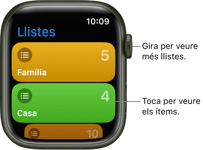 Pantalla Llistes de l’app Recordatoris amb dos botons de llista: Família i Casa. Els números de la dreta indiquen quants recordatoris hi ha a cada llista. Toca una llista per veure els ítems que conté o gira la Digital Crown per veure més llistes.