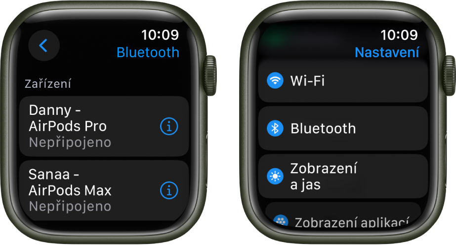 Dvě obrazovky vedle sebe. Na obrazovce vlevo jsou vidět dvě dostupná zařízení Bluetooth: AirPody Pro a AirPody Max. Ani jedny z nich nejsou připojené. Vpravo je vidět obrazovka Nastavení se seznamem tlačítek Wi‑Fi, Bluetooth, Zobrazení a jas a Zobrazení aplikací.