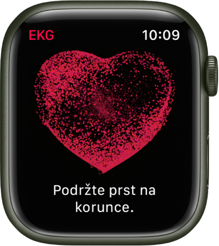 Aplikace EKG zobrazující srdce s textem „Podržte prst na korunce“.