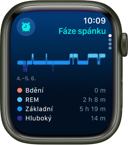 Aplikace Spánek s odhadem doby strávené v bdělém stavu, REM fázi a základním a hlubokém spánku