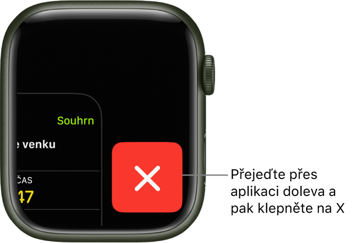 Přepínač aplikací se zobrazeným symbolem X na pravé straně a částí aplikace nalevo. Klepnutím na X aplikaci z přepínače aplikací odstraníte.