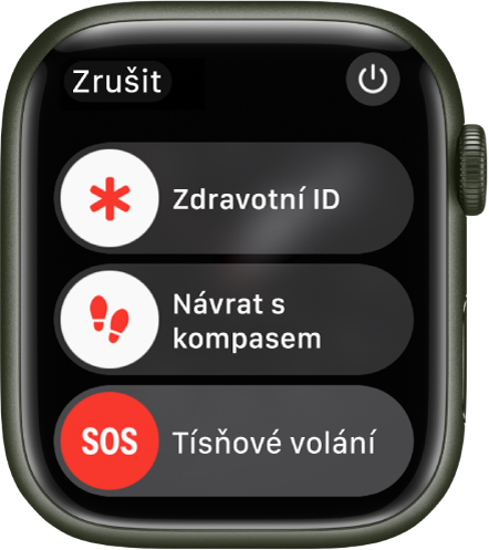 Obrazovka hodinek Apple Watch se třemi jezdci: Zdravotní ID, Návrat a Tísňové volání. Vpravo nahoře je umístěné tlačítko Napájení.