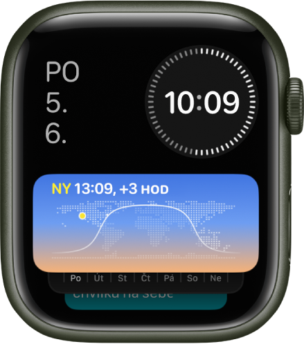 Chytrá sada se třemi widgety na hodinkách Apple Watch: Den a datum vlevo nahoře, digitální čas vpravo nahoře a světový čas uprostřed.