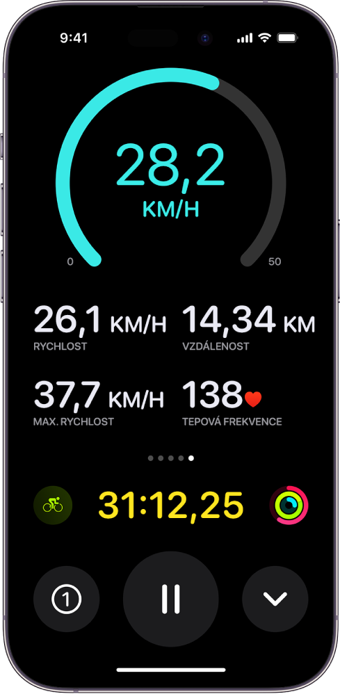 Probíhající cyklistický trénink, který se na iPhonu zobrazuje jako živá aktivita s údaji o okamžité a průměrné rychlosti, překonané vzdálenosti, maximální rychlosti, tepové frekvenci a celkovém uplynulém čase.