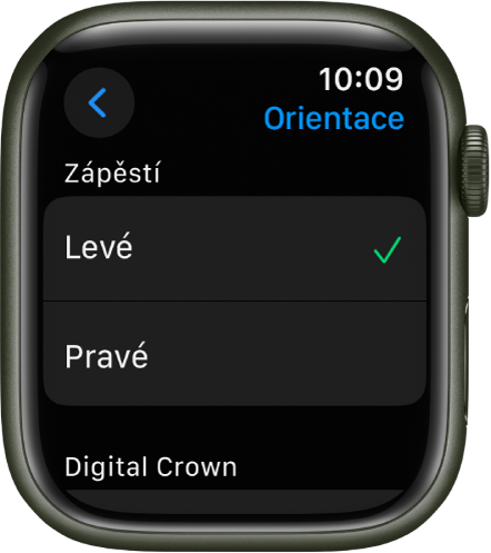 Obrazovka Orientace na Apple Watch. Můžete zde nastavit zápěstí a orientaci korunky Digital Crown.