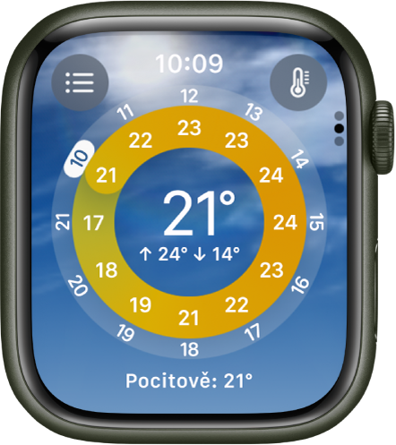 Obrazovka „Povětrnostní podmínky“ v aplikaci Počasí.