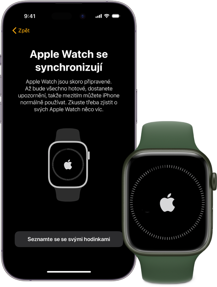 iPhone a Apple Watch se synchronizačními obrazovkami
