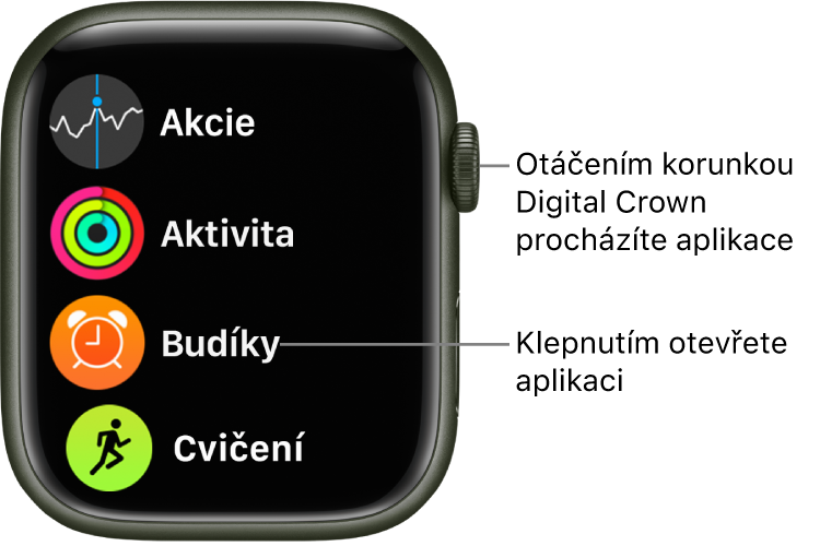 Plocha na Apple Watch v zobrazení Seznam se seznamem aplikací. Klepněte na aplikaci, kterou chcete otevřít. Další aplikace zobrazíte posouváním.